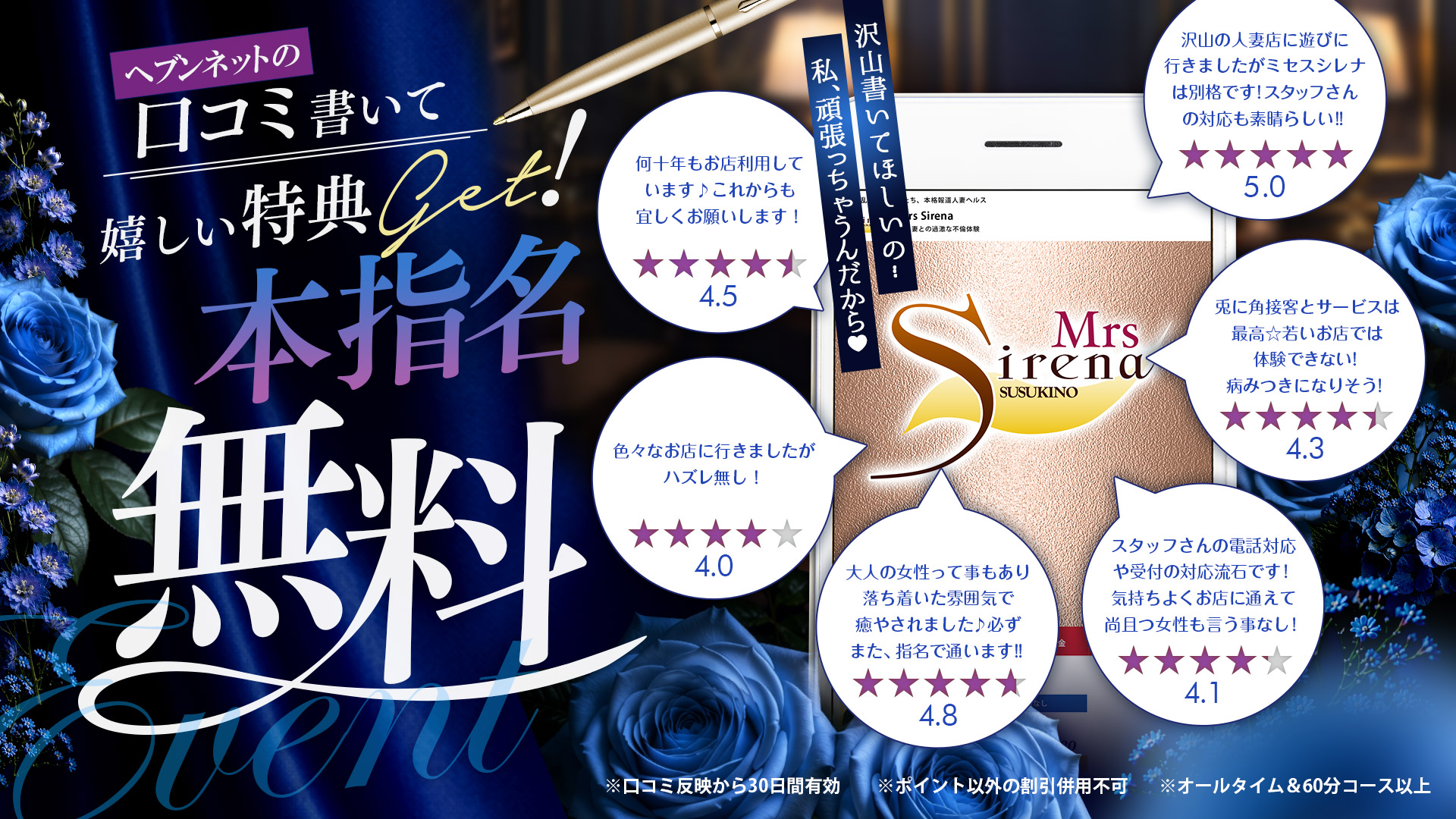 口コミ書いて特典ゲット！「本指名無料」